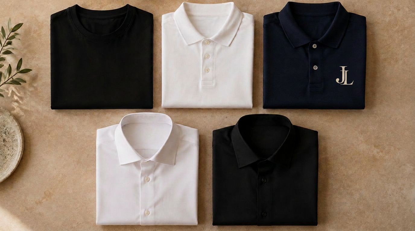 Black tee, white and navy polos, white and black smart shirts
